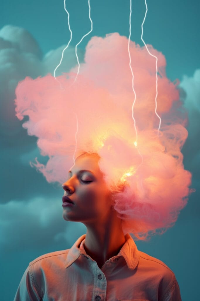 A woman with wild pink hair stands amidst a chaotic cloud of thoughts and emotions, her clothing illuminated by the lightning and smoke emanating from her head, mental health