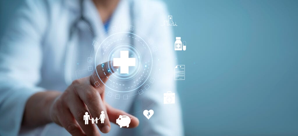A medical worker using virtual with health care icons, medical technology background, health insurance business.Health Insurance, telemedicine, virtual hospital, family medicine.