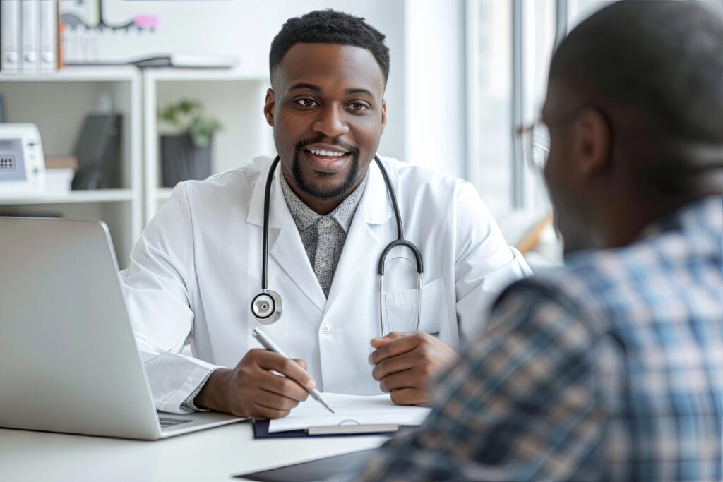 A focused doctor discusses healthcare with a patient.